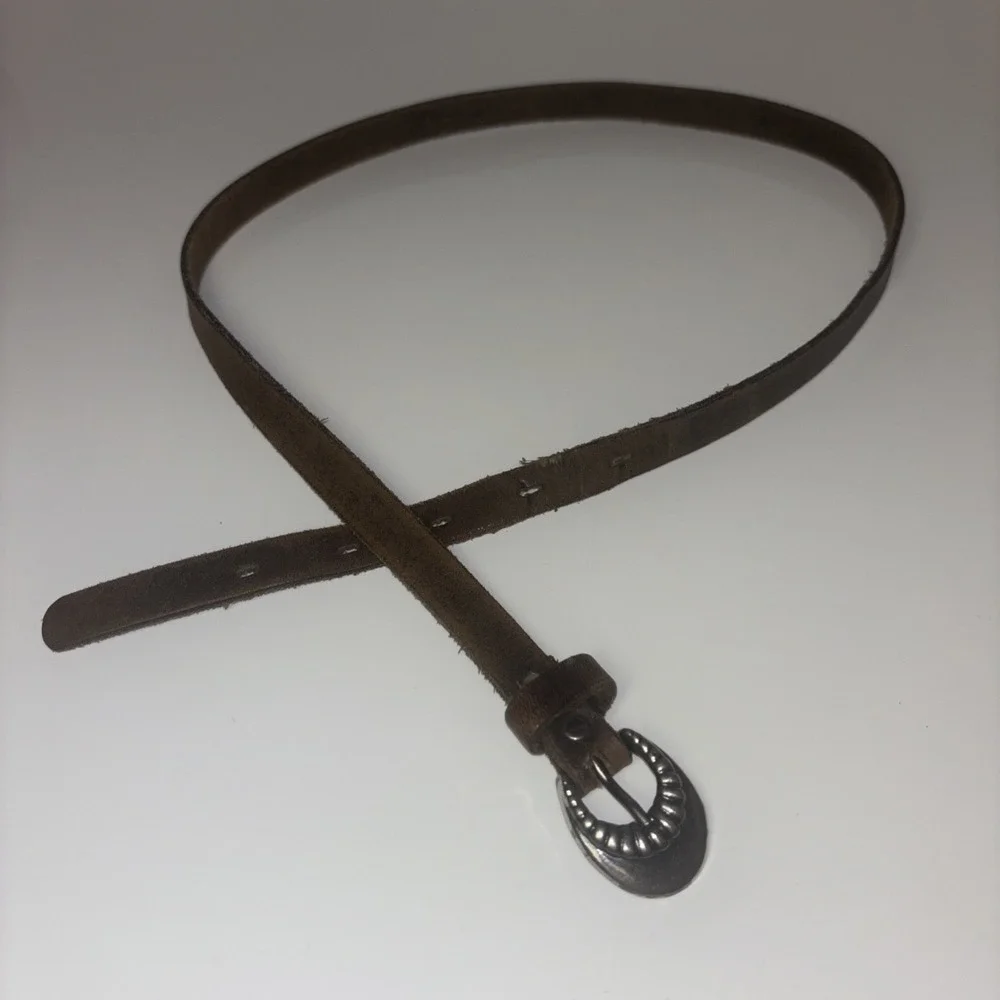 Vintage Brown Leather Skinny Belt Silver Etched Buckle Western Boho 30 Inch